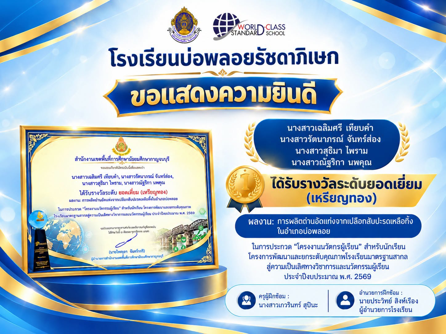 นักเรียนได้รับรางวัลจาก โครงการพัฒนาและยกระดับคุณภาพโรงเรียนมาตรฐานสากลสู่ความเป็นเลิศทางวิชาการและนวัตกรรมผู้เรียน