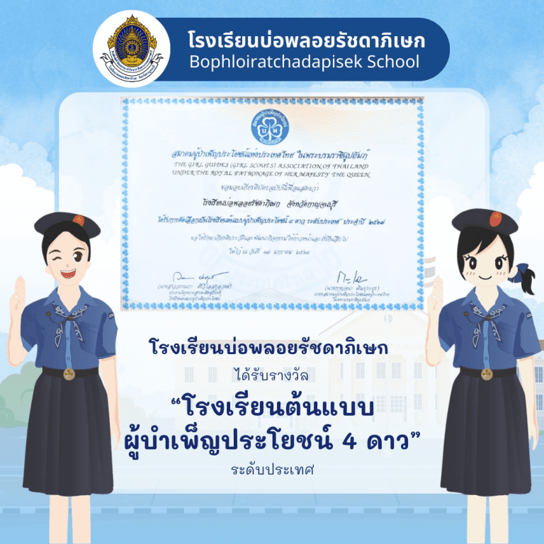 ได้รับรางวัล “โรงเรียนต้นแบบผู้บำเพ็ญประโยชน์ 4 ดาว” ระดับประเทศ จากสมาคมผู้บําเพ็ญประโยชน์แห่งประเทศไทย ในพระบรมราชินูปถัมภ์
