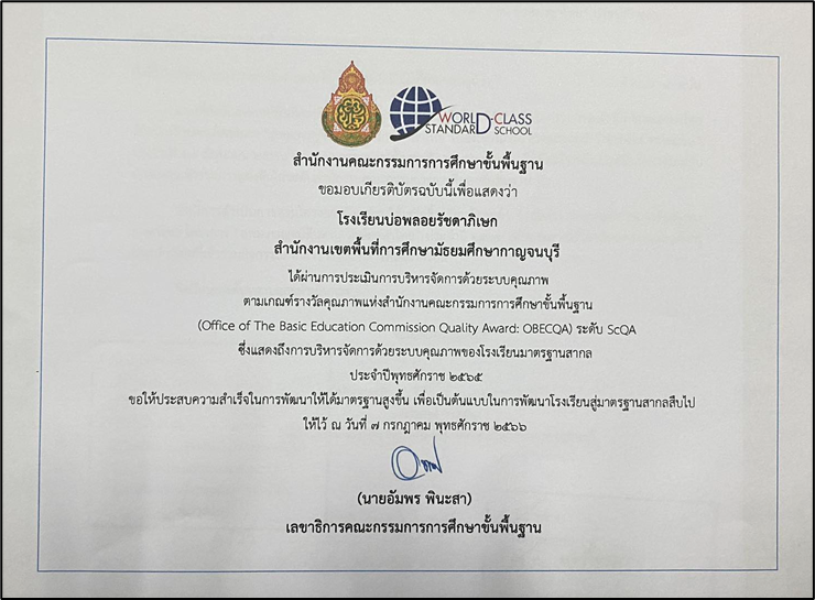ได้รับรางวัลผ่านการประเมินการบริหารจัดการด้วยระบบคุณภาพตามเกณฑ์รางวัลคุณภาพแห่งสำนักงานคณะกรรมการการศึกษาขั้นพื้นฐาน ระดับ ScQA